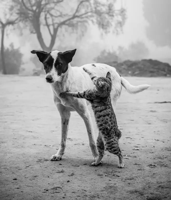 A cute black-and-white image of a cat and a dog outdoors, showcasing companionship and playfulness.
